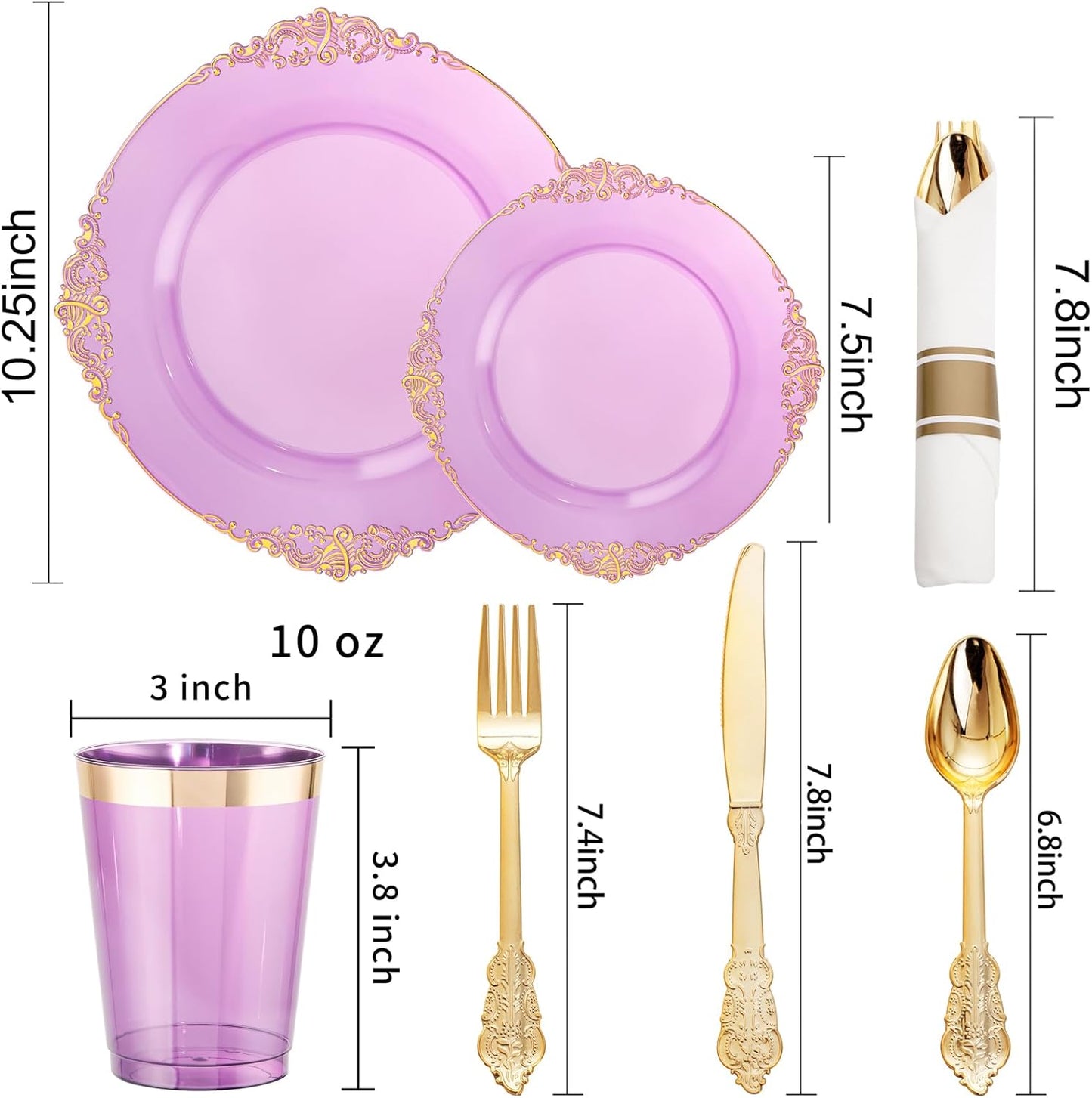 Hioasis 210pcs Purple and Gold Plastic Plates - Elegant Disposable Dinnerware Set Suitable for 30 Guests Include 10.25 Dinner & 7.5 Dessert Plates, Pre Rolled Silverware Set, Cups for Party & Wedding