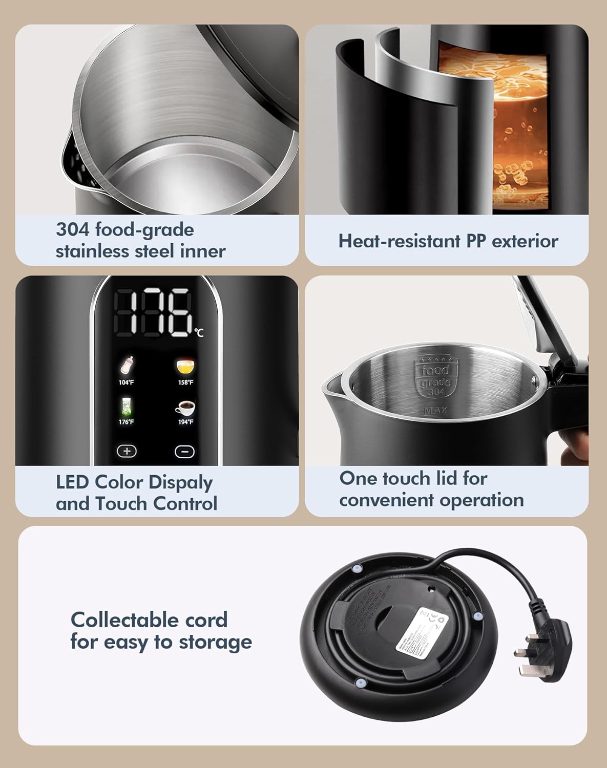 Electric Kettle with Precise Temperature Control, 1500W Fast Boil, 304 Stainless Steel 1.7L/1.8Qt BPA-Free | 4 Presets for Baby Milk, Coffee, Tea | 2H Keep Warm, Cool Touch Exterior