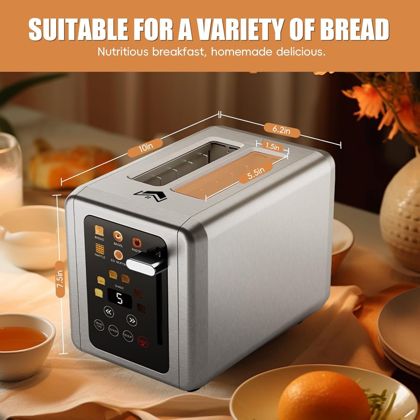 Touch screen Toaster 2 slice,Stainless Steel Digital Timer Toasters with Sound Function,6 Bread Types & 6 Shade Settings,Smart Extra Wide Slots Toaster with Bagel,Defrost Functions,Platinum