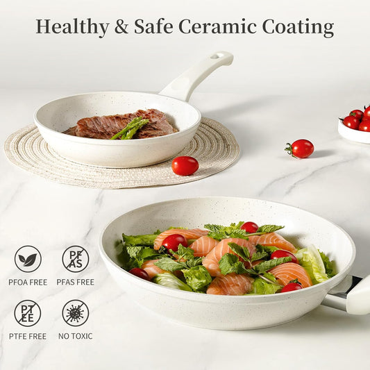 Ceramic Non Stick Frying Pan - 9.5 Inch Ceramic White Non Stick Skillet Frying Pans, Safe&No Toxic Egg Omelette Frying Pan, Nonstick Cookware Cooking Pan, Induction Compatible, PFOA&PFAS Free