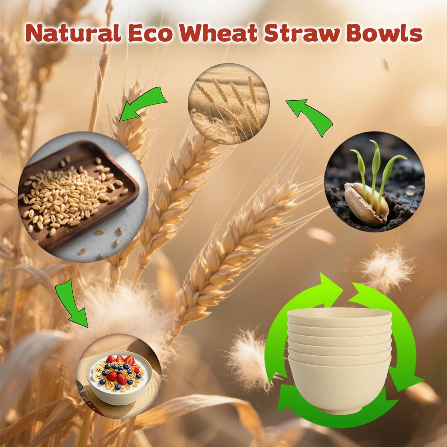 Wrova 6-piece Wheat Straw Bowls sets 26oz,Alternative Plastic Bowls Reusable for indoors and outdoors,Microwave-able and Dishwasher Safe Bowls Sets Easy to Clean.Beige Series