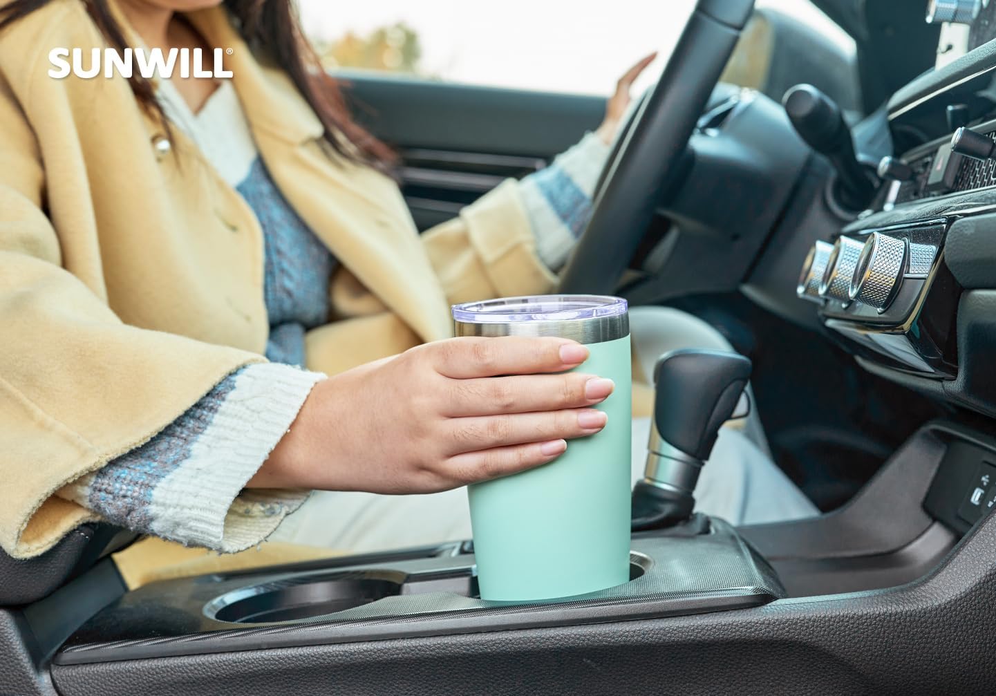 SUNWILL Travel Coffee Tumbler 20 oz, Insulated Mug with Lid, Stainless Steel Cup for Outdoor, Powder Coated Mint