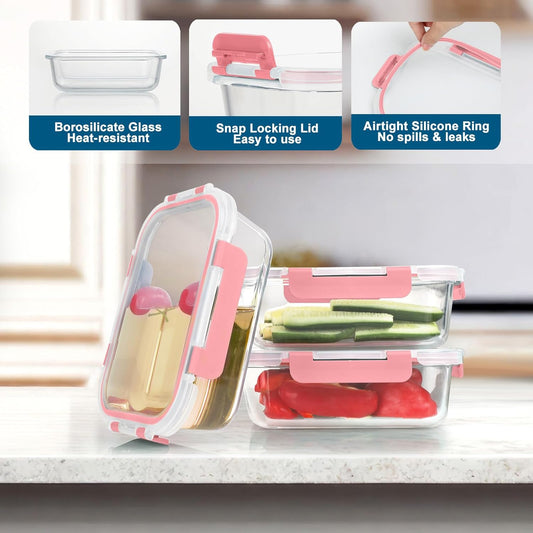 BAYZZ 10 Pack Glass Meal Prep Containers, Glass Food Storage Containers with Lids, Airtight Lunch Box, Freezer,Oven,Microwave and Dishwasher Safe,Pink