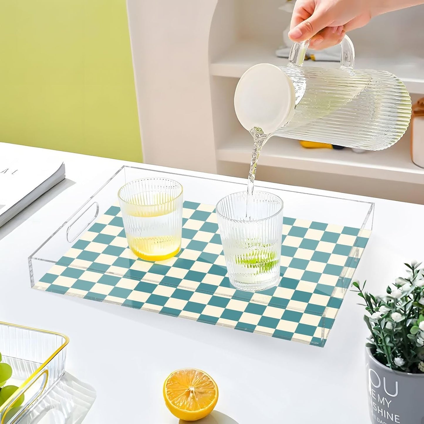 Acrylic Serving Tray with Handles Spill Proof Kitchen Storage Tray Clear Decorative Tray Makeup Drawer Organizer Storage Tray for Bathroom Living Room Ottoman 15.7x11.8Inches