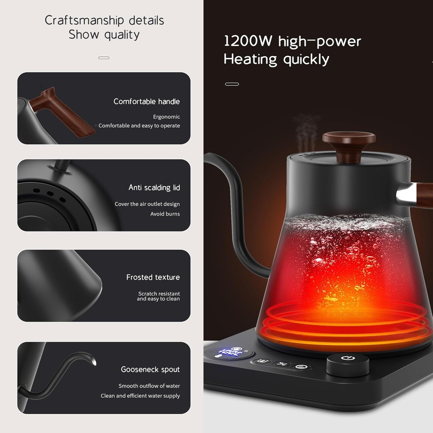 RHD Electric Gooseneck Kettle with LCD Display, Real-Time Temp Control Hot Water Boiler to Pour Over Coffee, Brew Tea, Switchable ℉/℃, 1200 Watt Quick Heating Pot, 0.9L, 304 Stainless Steel,Matt Black