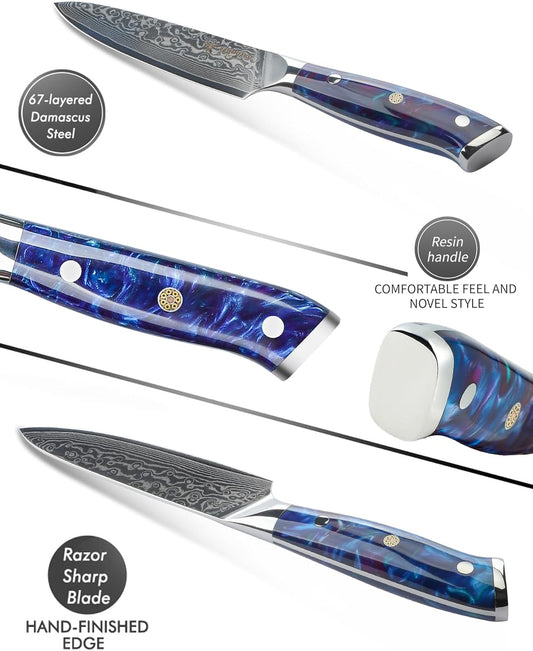 5 Inch Kitchen Utility Knife - Xuan Series - VG10 Damascus Steel Kitchen Knives - Resin Handle (Sapphire Blue)