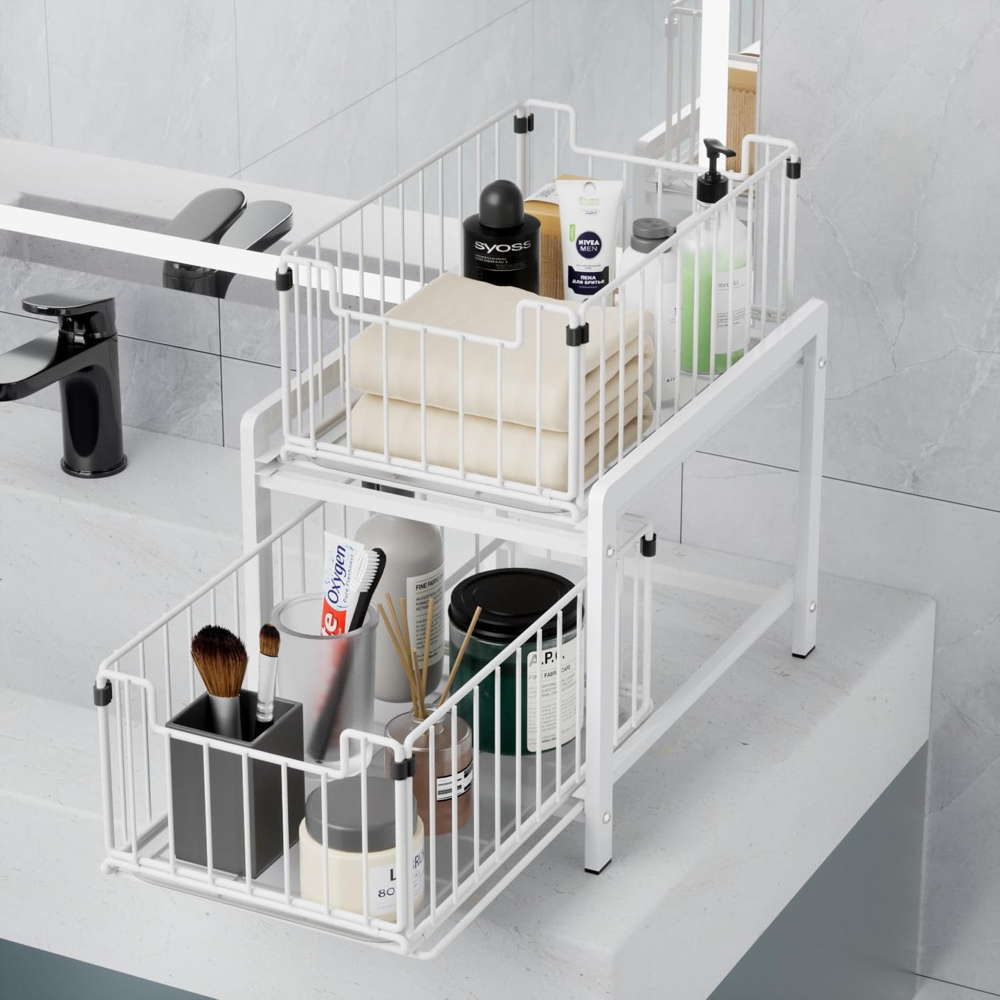 2 Tier Sliding Basket Drawer Organizer, Lxmons Pull Out Under Sink Cabinets Organizers, Metal Home Shelf for Bathroom or Kitchen, Sliding Countertop or Pantry Storage Shelf, Large White