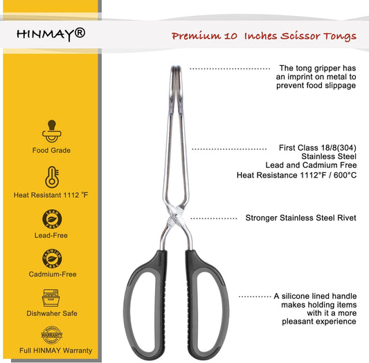 Scissor Tongs 10-Inch Stainless Steel Scissor Style Tongs (Black Handle)