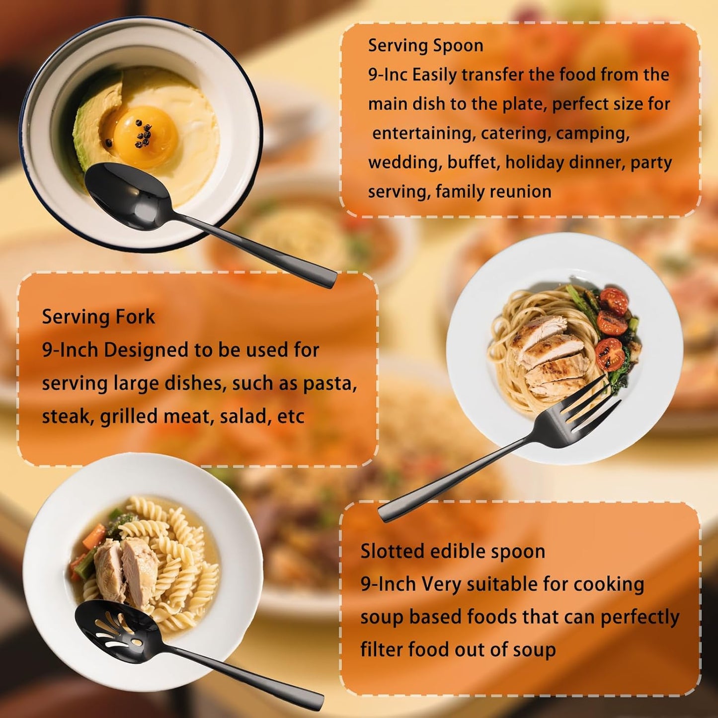 Large Hostess Serving Utensils Set, Stainless Steel Heavy Duty Serving spoons, Slotted Spoons, Serving Fork, Cake Server, Butter Knife, Dishwasher Safe (Black)