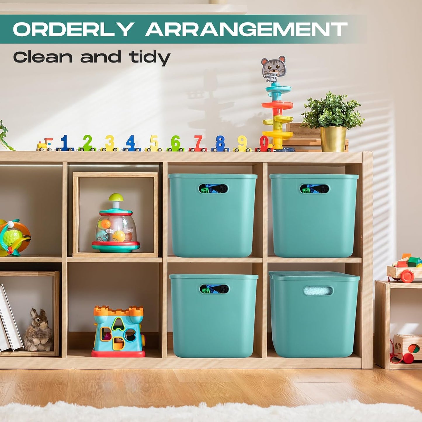 Hoolerry 8 Pieces Colorful Storage Bins with Lid, Plastic Storage Basket Organizing Container Stackable Box with Handle for Shelves Desktop Playroom Office(14.2 x 10.2 x 9.5 Inch,Green)