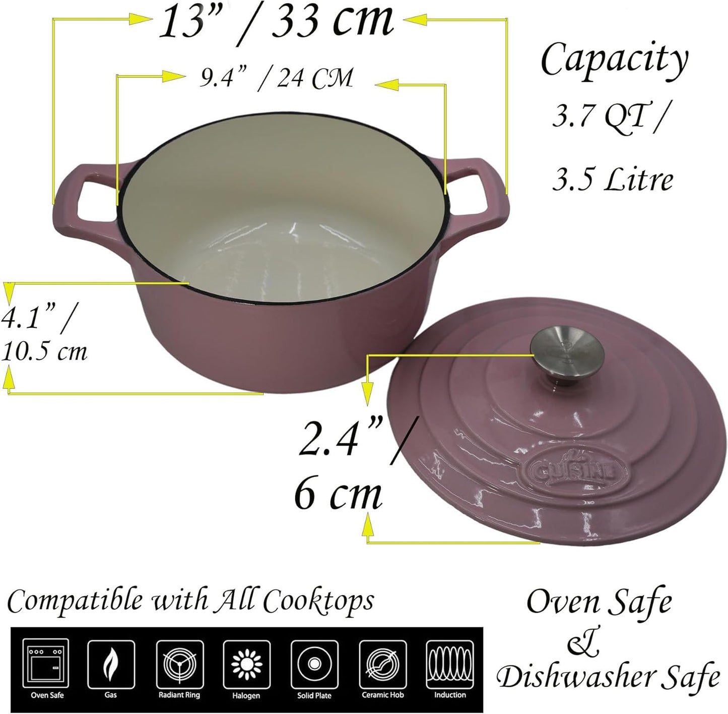 La Cuisine Enameled Cast Iron Dutch Oven Casserole Dish Pot with Lid, 3.7 QT 9.5" /24cm Dia. Cream White Enamel Coating Interior, Pink Enamel Coating Exterior, Oven-Safe up to 500° F