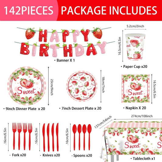 142 Pcs Strawberry Birthday Decorations Berry First Birthday Decorations Strawberry Themed Plates Cups and Napkins Sets Serves 20