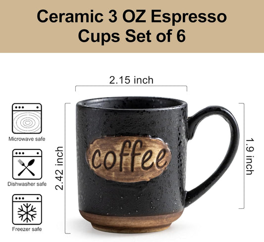 LYEOBOH Coffee Cups, Espresso Cups, Tea Cup, Coffee Mugs Set of 6, 3 oz Ceramic Espresso Cups, Cute Mini Demitasse Cups with Handle for Coffee Bar & Home Microwave & Dishwasher Safe, Black