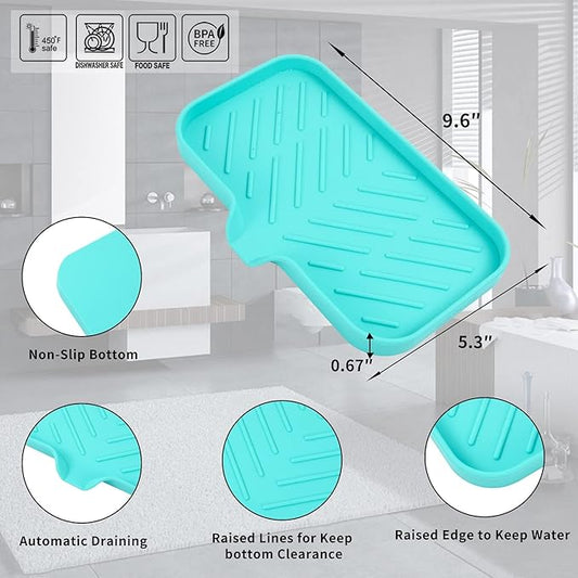 Silicone Bathroom Soap Dishes with Drain Spout-Bathroom and Kitchen Sink Organizer,Sponge Holder,Dish Soap Tray,Perfect for Dispenser,Scrubber,Bottle,Cup on Sink or Counter-Mint 9.6"×5.3"