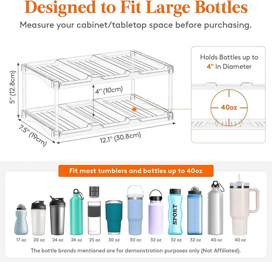 Lifewit Stackable Water Bottle Storage Organizer, Clear Freestanding Wine Bottle Holder for Cabinet, Tumbler Cup Organizer, Plastic Large Compartment Wine Rack for Fridge Cellar, 2Tier Hold 6