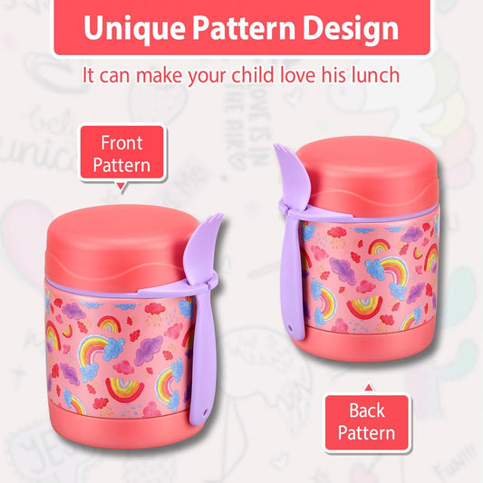 10oz Soup Thermo for Hot Food Kids,Lunch Thermo Kids Food Jar with Spoon Hot Insulated Food Containers,Leak Proof Stainless Steel Wide Mouth Lunch Food Thermo Jar for School(Pink-Rainbow)