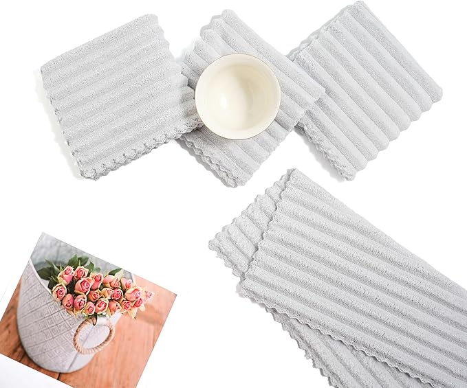 Kitchen Dish Cloths,Super Absorbent Coral Velvet Dish Towels,Quick Drying Kitchen Towels No Lint Dish Rags,Reusable Household Microfiber Cleaning Cloth,12X12 inches(12 Pack,Light Grey Streak)
