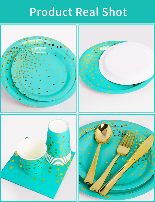 141 Pieces Blue Green and gold Party Supplies, Party Dinnerware Sets Include Paper Plates Napkins Cups Silverware, for Wedding Bridal Shower Engagement Birthday Parties Decoration -20 Serves