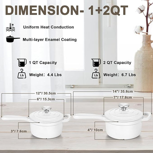 1 Qt & 2 Qt Sauce Pan Sets, Leonyo Enameled Cast Iron Sauce Pan with Lid, Small Saucepan Cast Iron Dutch Oven Kitchen Cookware for All Cooktops Cooking Pasta, Milk, Oatmeal - Up to 500°F, White