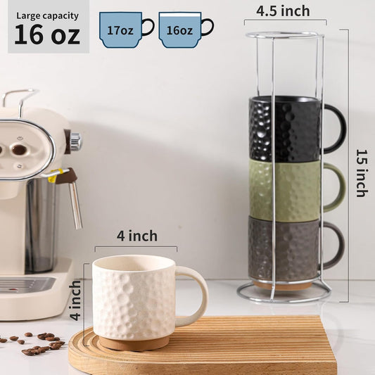Nihow Ceramic Coffee Mug Set of 4, 16OZ Stackable Coffee Mug Set with Stainless Stand,Large Cup Set for Cappuccino,Tea,Hot/Cold Drinks,Dishwasher & Microwave Safe,Mixing Color