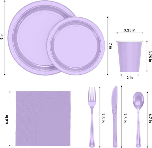 Exquisite 350 Pcs Lavender Paper Plates For Party, Lavender Disposable Plates Set, 50 Of Each 9" Dinner Plate Set, 7" Dessert Plate, Cups, Napkins & Cutlery Paper Dinnerware