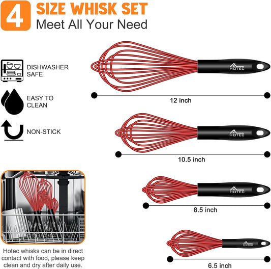 HOTEC 4 Pieces Silicone Whisks Set, Wire Balloon Whisks Egg Beater, Non-slip Handle Whisk for Non-stick Cookware Perfect for Cooking, Stirring, Beating and Blending (Red)