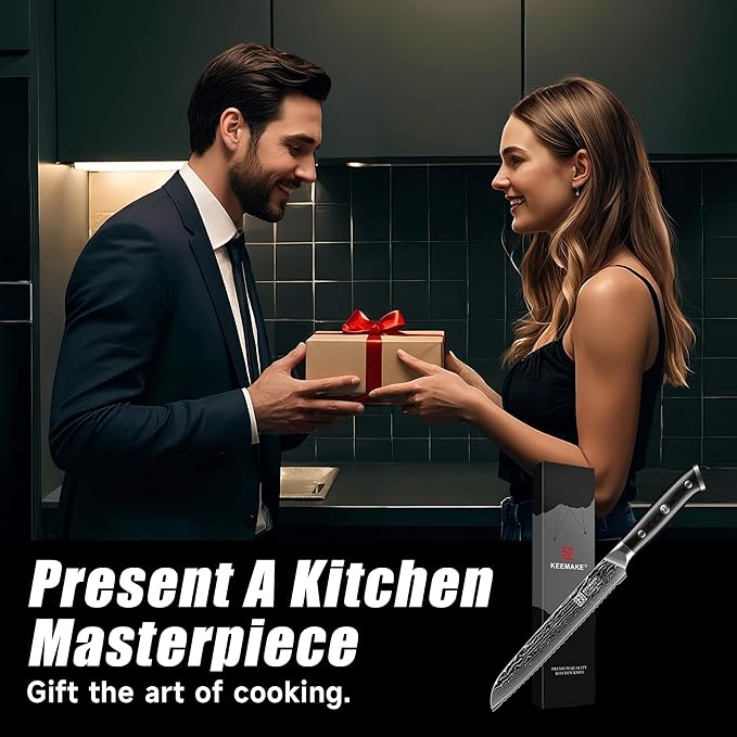 KEEMAKE Serrated Bread Knife, 8 Inch Japanese Damascus Kitchen Knife Wave Edge with G10 Ergonomic Handle, Cake Cutter Bread Slicing Knife for Sourdough Loaf Ciabatta