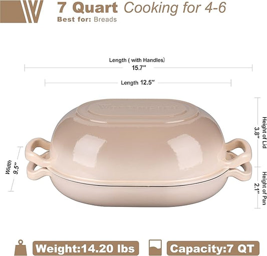 Enameled Cast Iron Sourdough Bread Oven, Dutch Oven, Loaf Cast Iron Bread Pan for Homemade Bread Baking, Meatloaf Pan with Lid, 7QT, Latte
