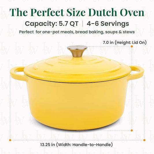 Larder & Vine Enameled Cast Iron 5.7qt Dutch Oven Pot with Lid | Bread Baking | Compatible on All Cooktops & Oven Safe to 500° F | Great for Sourdough Bread | Limoncello
