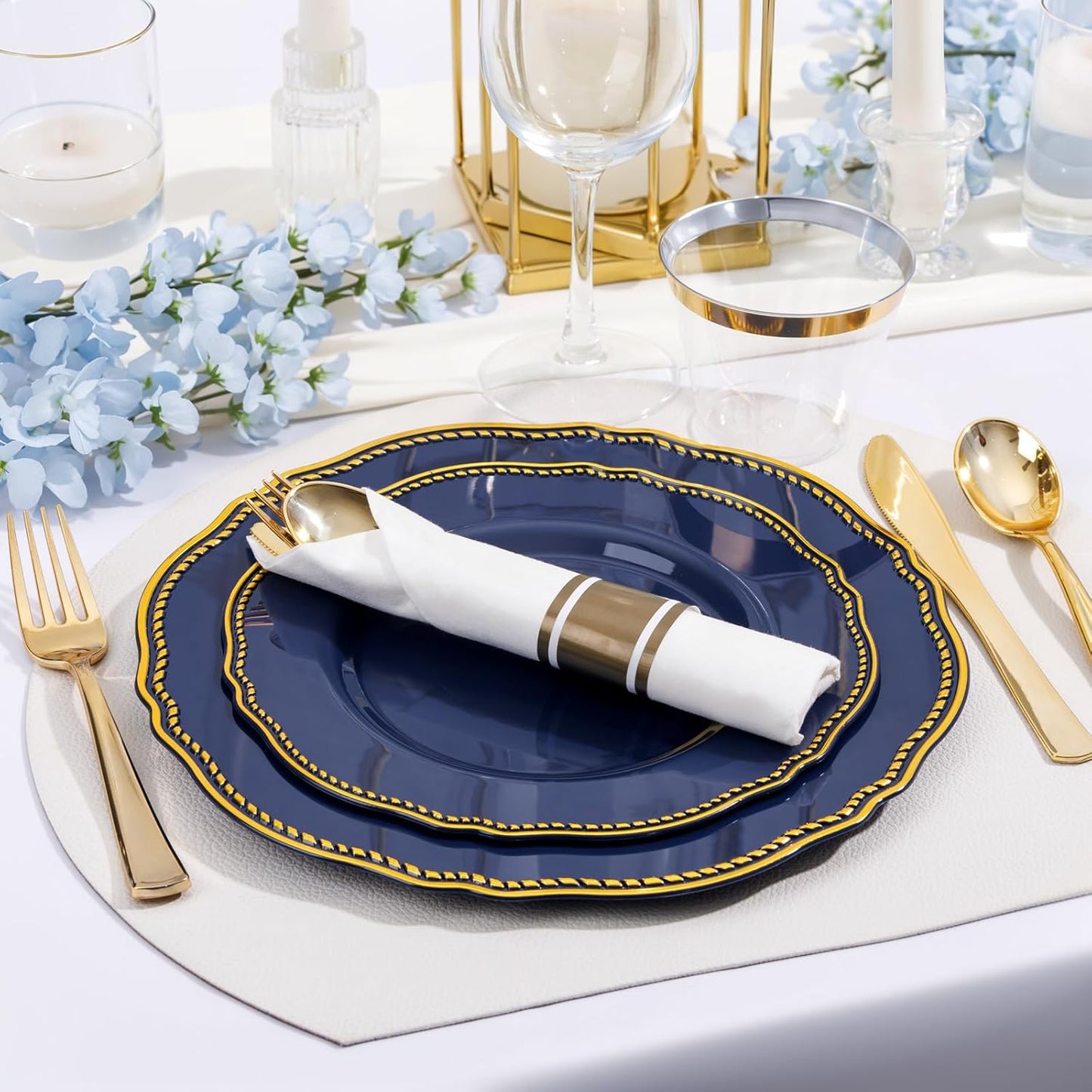 Hioasis 350pcs Blue and gold Plastic Plates - Blue Plastic Dinnerware Set Includes 50 Dinner Plates, 50 Dessert Dinnerware, 50 Cups, 50 Rolled Napkin Cutlery Perfect for Wedding & Party