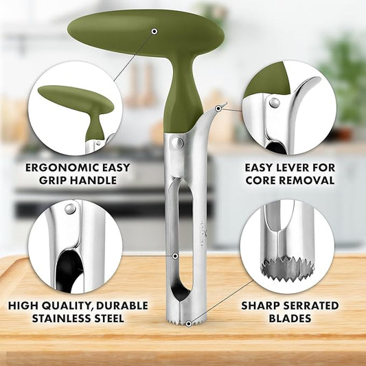 Zulay Kitchen Premium Apple Corer Tool - Ultra Sharp, Stainless Steel, Serrated Blades for Easy Coring - Easy to Use & Clean, Durable Apple Corer Remover for Baking Apples & More - Olive Green
