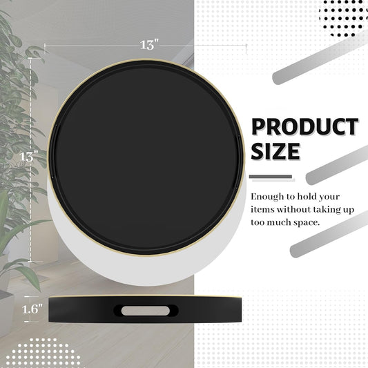 MAONAME Black Decorative Tray for Coffee Table, Modern Round Serving Tray with Handles, 13" Plastic Tea Trays for Ottoman, Bathroom Decor