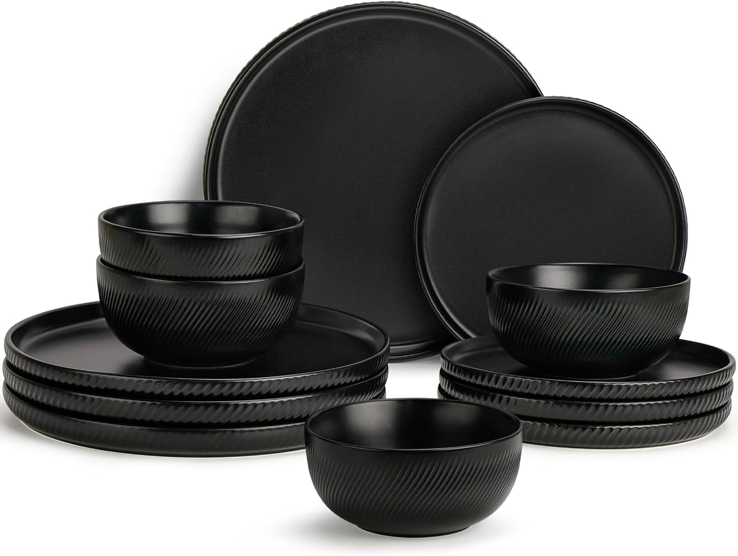 Matte Black Plates and Bowls Set 12pcs, Stoneware Dinnerware Sets for 4, Dishwasher and Microwave Safe Ceramic Dishes Set, Ribbed, Obsidian Night