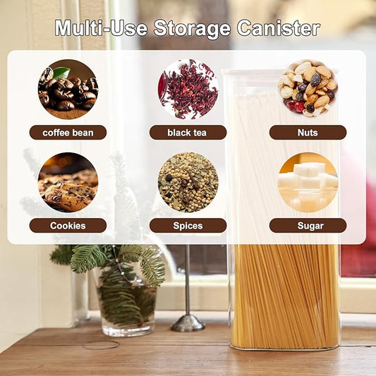 Liuruiyu Glass Storage Jars Set of 3, Clear Glass Food Storage Containers with Airtight Bamboo Lid Stackable Kitchen Canisters for Candy,Cookie,Rice,Sugar,Flour,Pasta(Flat)