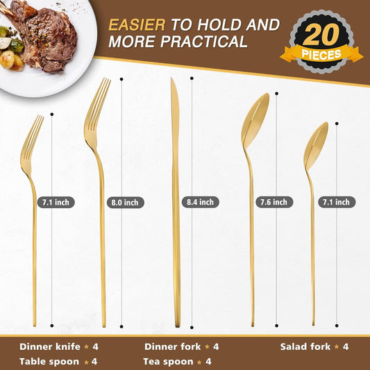 20 Pieces Silverware Set,Matte Gold Stainless Steel Flatware Cutlery Set Service for 4, Stain Finish Kitchen Utensil Set,Include Dinner Knives Forks and Spoons Silverware, Dishwasher Safe