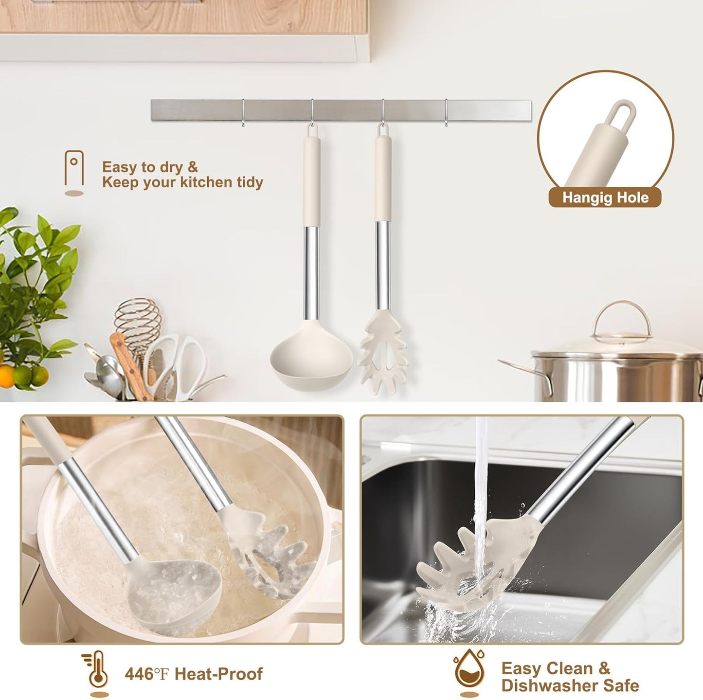 TeamFar Silicone Soup Ladle and Pasta Fork Set, 2 Pcs Large Nonstick Kitchen Cooking Utensils with Stainless Steel Handle for Draining, Serving Soup, Sauce, Spaghetti, Non-Toxic & Heat-Proof, Khaki