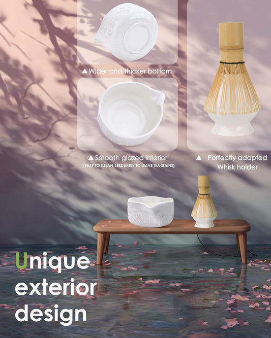 Matcha Whisk Set, Ceramic Matcha Set Includes Matcha Bowl with Spout, Matcha Whisk and Holder, Bamboo Scoop, Sifter and Tea Towel - 6 Pcs Matcha Kit Gift for Matcha Lovers Beginners (White)