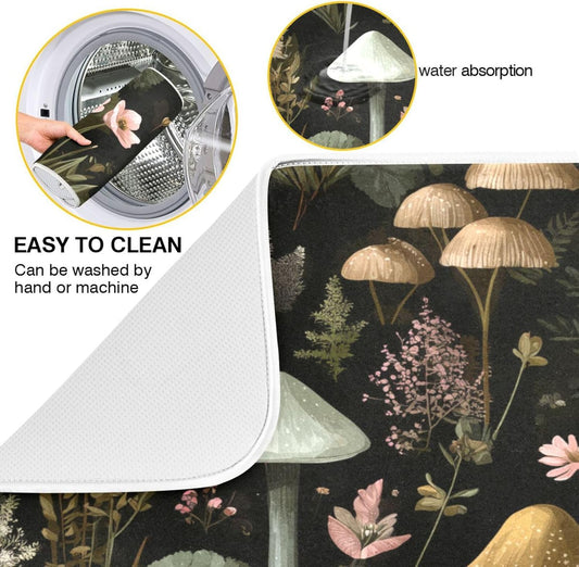 Mushrooms White Pink Flowers Dish Drying Mat for Kitchen Counter Super Absorbent Dishes Pad Reversible Microfiber Protector Dish Draining Mats 18x24 inch