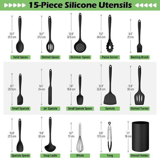 Silicone Cooking Utensil Set, Homikit 15pcs Kitchen Utensils with Holder for Nonstick Cookware, Heat Resistant Nontoxic Silicone Spatula Set Dishwasher Safe Kitchen Tools for Baking-Black