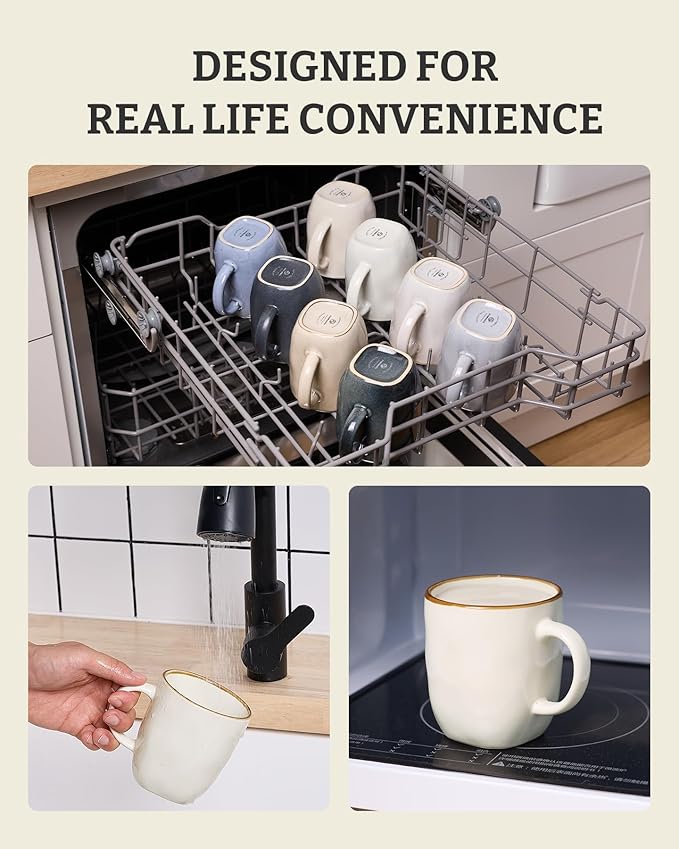 famiware Coffee Mugs Set of 4, Ocean Square 13oz Coffee Cup Set with Handle for Cocoa, Milk, Hot Chocolate, Tea, Water, Stoneware Cups for Kitchen, Microwave and Dishwasher Safe, Vanilla White