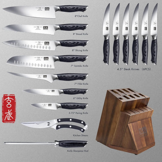 SHAN ZU Knife Sets for Kitchen with Block, Knife Block Set, Japanese Super Steel Kitchen Knife Sets with Removable Block & K133 Ergonomic Handle, Black Tortoise Genbu Series