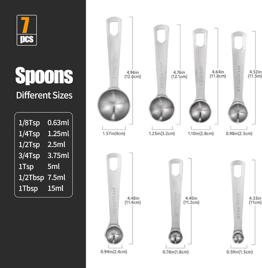 Doosu Measuring Spoons Set of 7-18/8 Stainless Steel Heavy Duty Teaspoons Tablespoons with Engraved Metric & US Measurements, Metal Measure Spoon for Dry and Liquid Ingredients, Dishwasher Safe