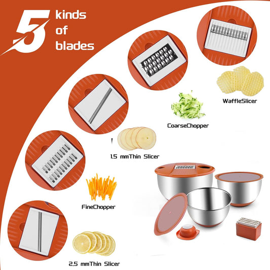 Mixing Bowls with Lids Set,3 Pieces Stainless Steel Nesting Bowls Vegetables Slicer Non-Slip Mixing Bowl for Baking Prepping Cooking(Orange)