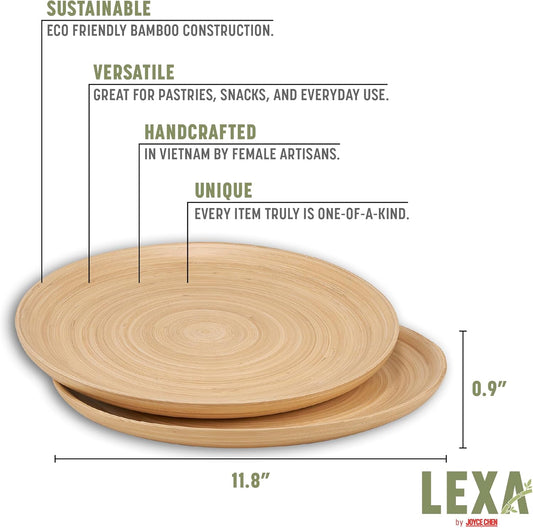 LEXA 12" Handcrafted 2PCs Bamboo Round Wooden Serving Tray For Serving Food - Small Wooden Tray For Ottoman Coffee Table Tray - Charcuterie Wood Trays Home Decor - Decorative Tray For Kitchen Counter