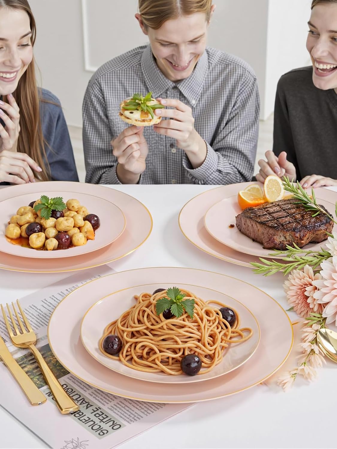 WDF 300Pcs Pink Plates Disposable - Pink and Gold Plastic Dinnerware Set for 50 Guests Include 50 Dinner & Cake Plates, 50 Disposable Cutlery, 50 9oz Cups for Wedding & Party & Baby Shower