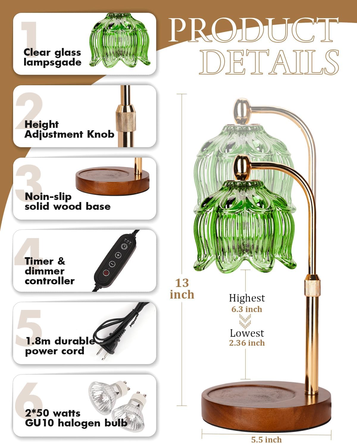 Candle Warmer Lamp with Timer Dimmable, Adjustable Height, Birthday Gifts for Women Mom, House Warming Gifts New Home Room Decor, Christmas Gifts,Wax Warmer Lamp for Jar Candles with 2 Bulbs