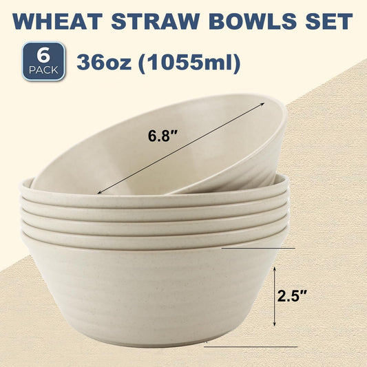 Wrova Wheat Straw Bowl Sets,6 PCS Unbreakable Cereal Bowl 36 OZ,Microwave and Dishwasher Safe Bowls,Soup Bowl Sets for Serving Soup,Oatmeal and Salad (Beige)
