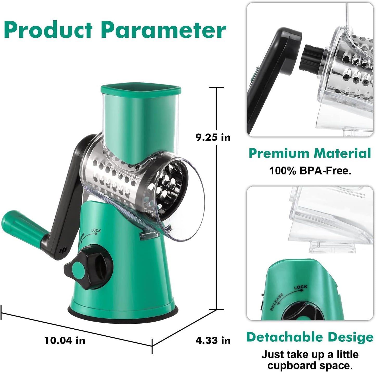 Cheese Grater Rotary, Rotary Grater for Kitchen, Kitchen Grater Vegetable Slicer with 3 Drum Blades, Fast Cutting Cheese Shredder for Vegetables and Nuts