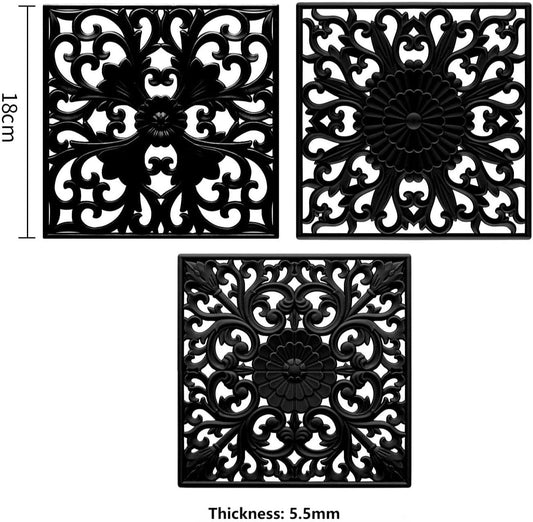 Silicone Trivets for Hot Dishes-Pots&Pans, Multi-Use Carved Trivet Mat, Insulated Silicone Mats, Flexible Square Trivet for Countertop&Tabletop, Silicon Pot Holders Hot Pads Set 3 Black