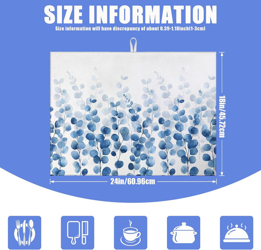Blue Eucalyptus Leaves Dish Drying Mat for Kitchen Counter Drying Pad Absorbent Reversible Dish Drainer Rack Mats Draining Pad 18"x24"Inch